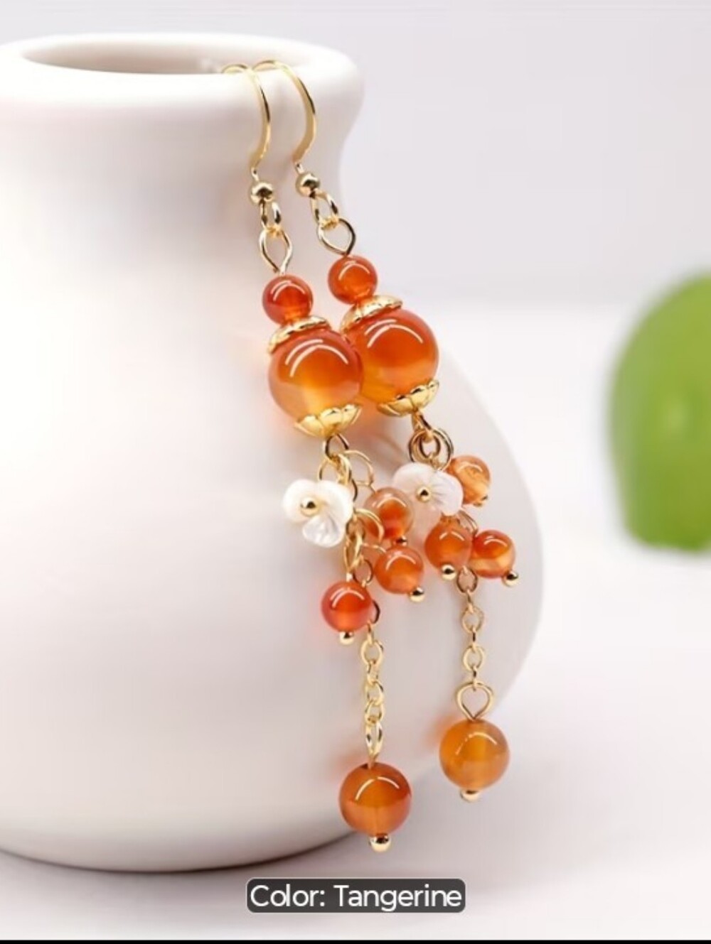 Natural Orange Tangerine Beaded Drop Earrings - Gold Accent December Birthstone